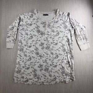Ellos Henley Top Women L 18/20 Grey Floral Print 3/4 Sleeve Casual Button Neck